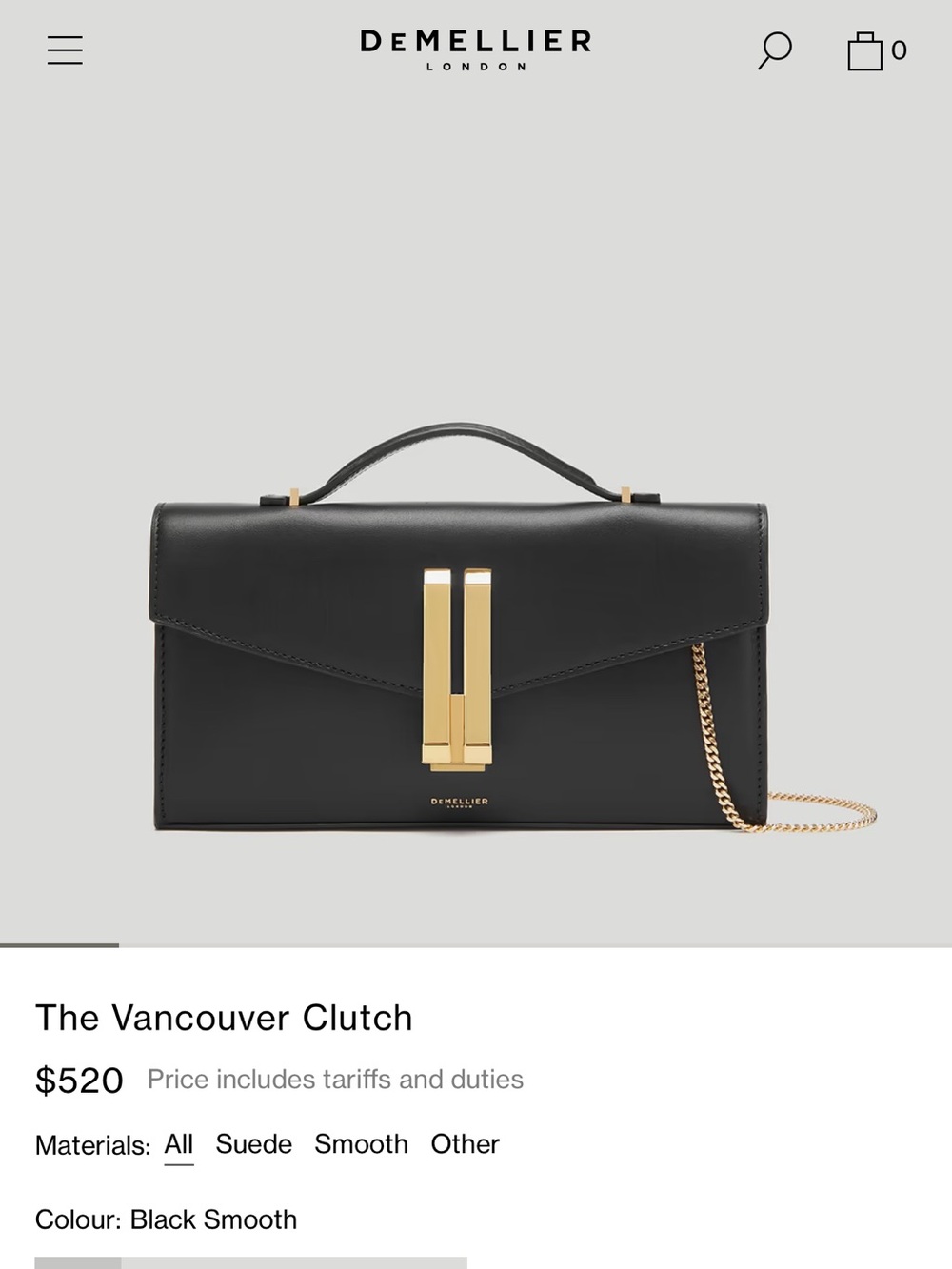 DeMellier London The Vancouver Clutch Black Smooth Leather NWT